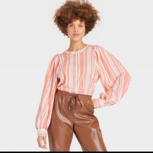 a new day ,Button up balloon sleeve women's shirt , office ,